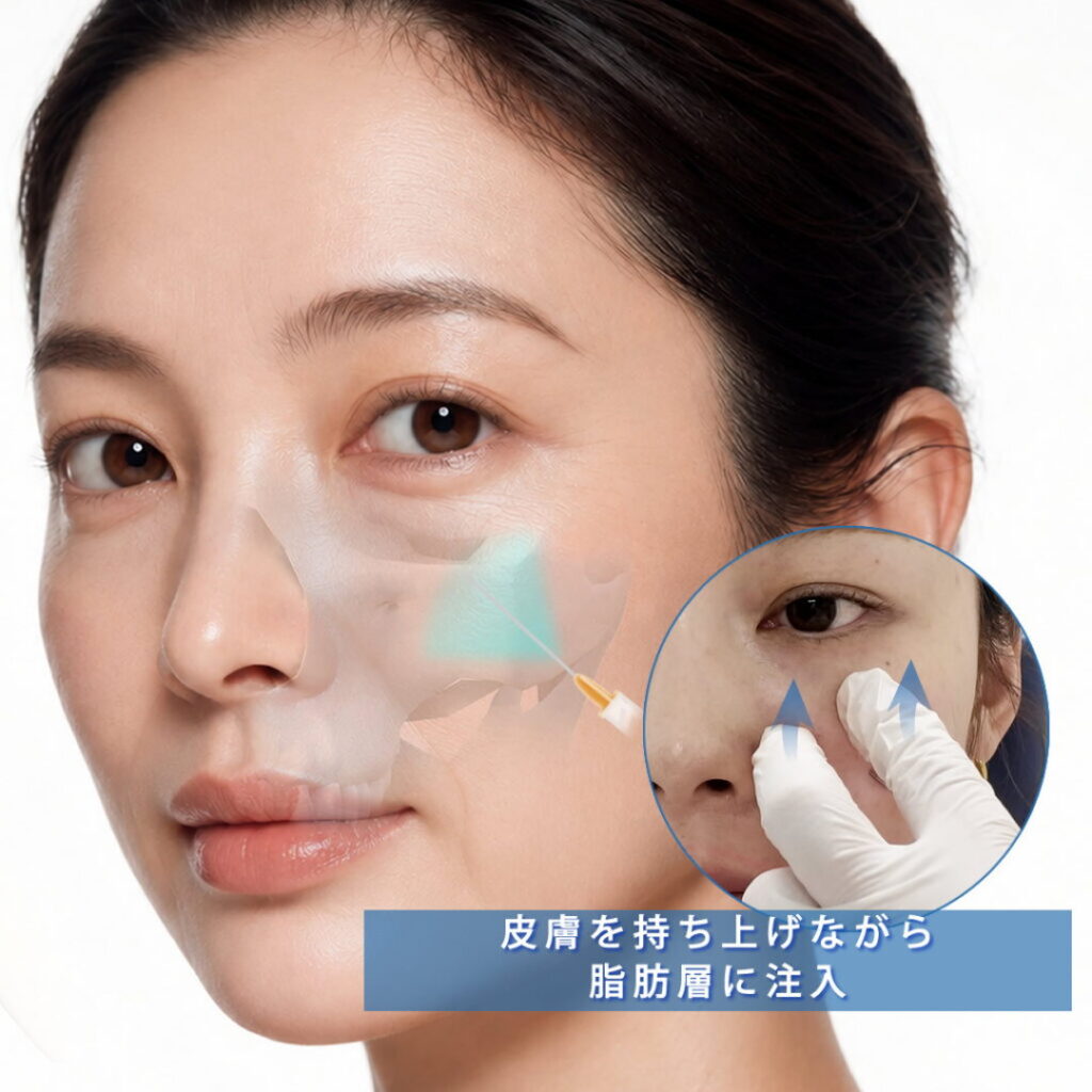 頬のコケにヒアルロン酸を注入している図解